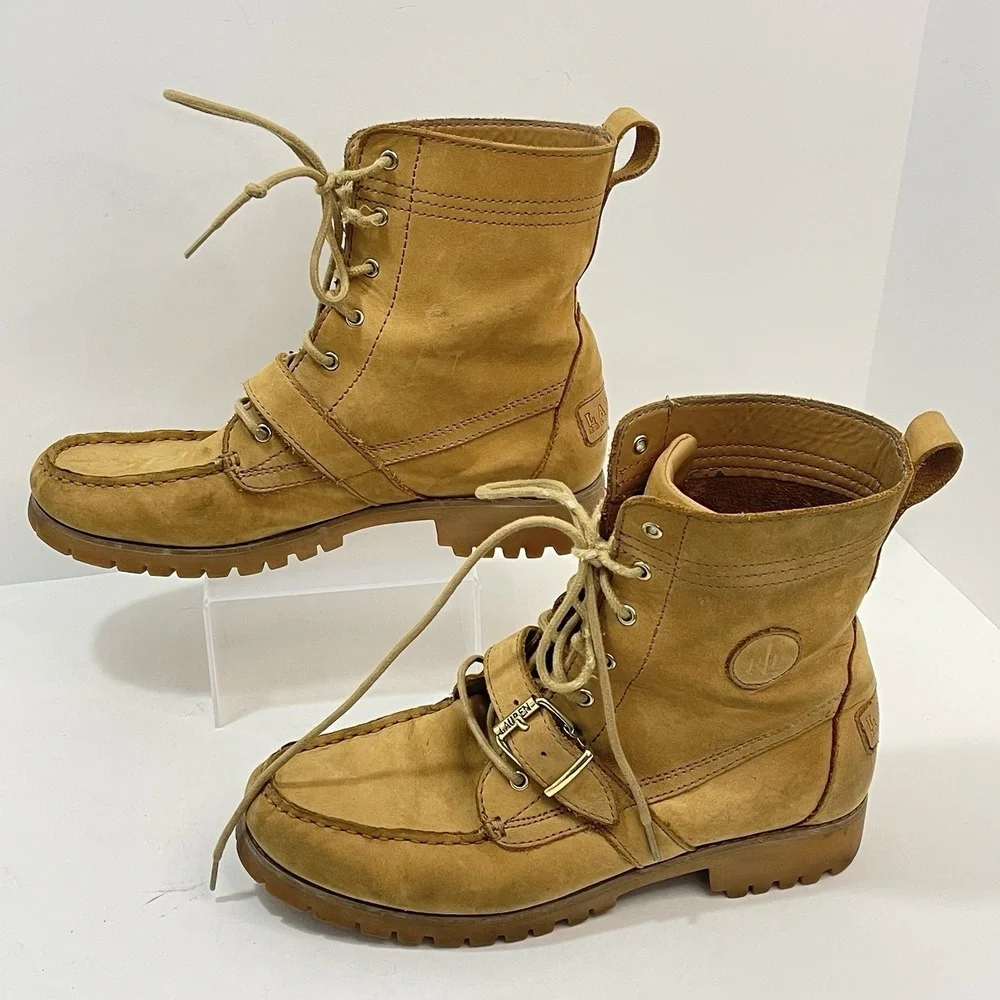 Polo Ralph Lauren Ranger Boots Size 8.5B Tan Leather Lace Up Buckle Combat Style